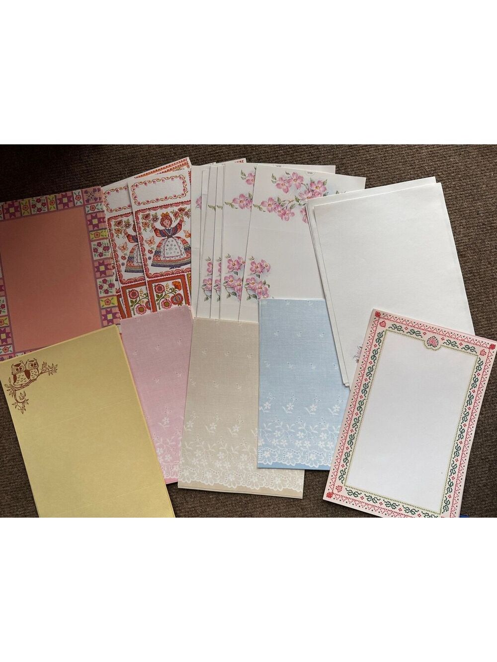 Vintage Fancy Fold Stationery Lot Floral Cross Stitch Folk Art Owls